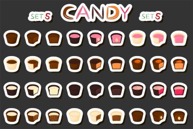 Tema üzerine illüstrasyon. Büyük sette çikolatalı şeker bonbonu, siyah çikolata kaplı şeker pudra cilası, çikolata şekeri farklı şekillerde, lezzetli bonbon şekerler.