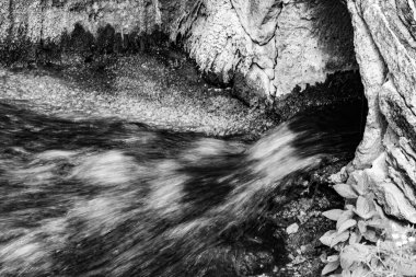 Tema üzerine fotoğraf. Bahçe şelalesinden güzel bir sonbahar suyu, doğal doku yakın, doğa bahçesi şelalesi ile berrak su içeren bir fotoğraf, uzun şelaleden hızla akan su.