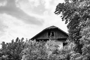 Doğal arka planda terk edilmiş güzel bir çiftlik evi, terk edilmiş eski bir çiftlik evi, gökyüzünün üzerinde terk edilmiş eski bir çiftlik evi.