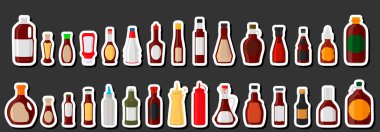 Tema kiti üzerindeki çizimler çeşitli cam şişeler doldurulmuş sıvı sos barbeküsü, sos barbeküsünden oluşan şişeler, başlıklar için boş etiketler, plastik mantarlı sos barbeküsü