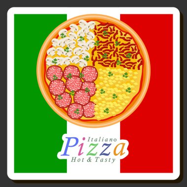 Tema üzerine resim: Pizzacıya büyük, sıcak, lezzetli pizza menüsü, çıtır hamur, kırmızı domates, Alman sosisi, şampiyon mantarları ve daha birçok malzemeden oluşan İtalyan pizzası.