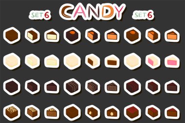 Tema üzerine illüstrasyon. Büyük sette çikolatalı şeker bonbonu, siyah çikolata kaplı şeker pudra cilası, çikolata şekeri farklı şekillerde, lezzetli bonbon şekerler.