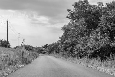 Renkli arka planda güzel boş asfalt yol, kırsal alandan geçen yeni boş asfalt yol, yeşillik kırsalında hız arabası için boş asfalt yol.