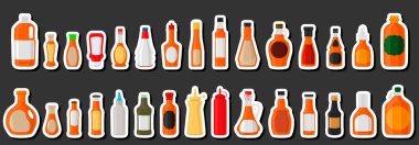 Tema üzerine resim, çeşitli cam şişeler, sıvı karamel şurubu, karamel şurubundan oluşan şişeler, başlıklar için boş etiketler, plastik mantarlı karamel şurubu ve fast food karışımı.