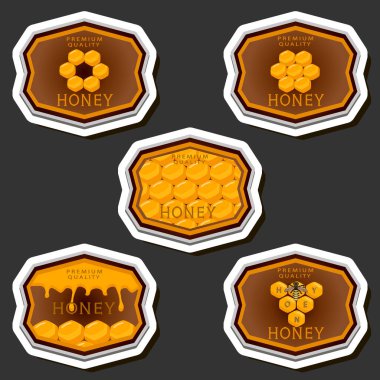 Şekerin bal peteğinde arıyla akışının etiketi üzerine bir illüstrasyon, bal peteğinden arıya, bal peteğinden büyük parlak etikete, bal peteğinden bal kovanına kadar yapışkan baldan oluşan etiketler.