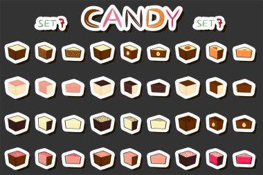 Tema üzerine illüstrasyon. Büyük sette çikolatalı şeker bonbonu, siyah çikolata kaplı şeker pudra cilası, çikolata şekeri farklı şekillerde, lezzetli bonbon şekerler.