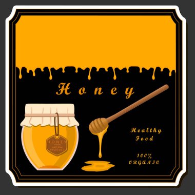 Tema üzerine illüstrasyon ballı bal peteğinde bal akışı, bal peteği kapalı bal kavanozunda bal, bal bal peteğinde bal, kavanozda parlak etiket