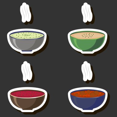 Tema üzerine resim. Büyük set. Çeşitli malzemelerden oluşan lezzetli, yenilebilir, et suyu ve sebze çorbaları.