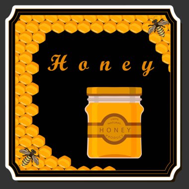 Tema üzerine illüstrasyon ballı bal peteğinde bal akışı, bal peteği kapalı bal kavanozunda bal, bal bal peteğinde bal, kavanozda parlak etiket