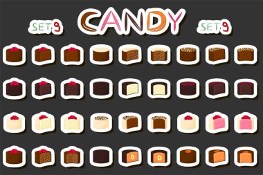 Tema üzerine illüstrasyon. Büyük sette çikolatalı şeker bonbonu, siyah çikolata kaplı şeker pudra cilası, çikolata şekeri farklı şekillerde, lezzetli bonbon şekerler.