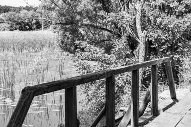 Nehrin üzerinde güzel bir şekilde duran ahşap köprü, yakın plan, nehrin yukarısındaki eski ahşap köprü, doğal park için nehirde eski ahşap köprü.