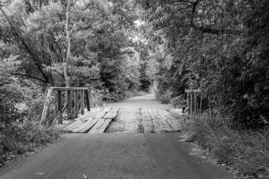 Nehrin üzerinde güzel bir şekilde duran ahşap köprü, yakın plan, nehrin yukarısındaki eski ahşap köprü, doğal park için nehirde eski ahşap köprü.