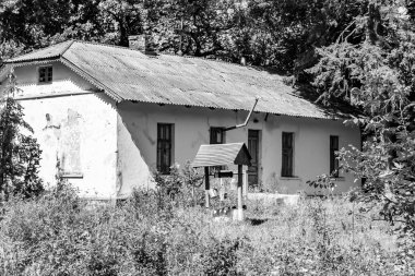 Doğal arka planda terk edilmiş güzel bir çiftlik evi, terk edilmiş eski bir çiftlik evi, gökyüzünün üzerinde terk edilmiş eski bir çiftlik evi.