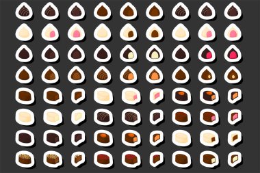 Tema üzerine illüstrasyon. Büyük sette çikolatalı şeker bonbonu, siyah çikolata kaplı şeker pudra cilası, çikolata şekeri farklı şekillerde, lezzetli bonbon şekerler.