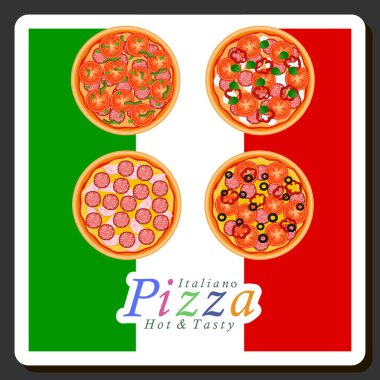 Tema üzerine resim: Pizzacıya büyük, sıcak, lezzetli pizza menüsü, çıtır hamur, kırmızı domates, Alman sosisi, şampiyon mantarları ve daha birçok malzemeden oluşan İtalyan pizzası.