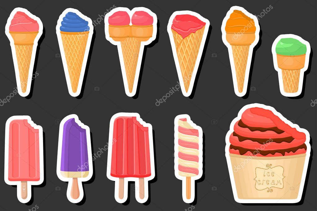 Illustration on theme big kit ice cream popsicle different types in cone waffle cup, ice cream consisting of tasty popsicle on cone waffle cup, popsicle to cone waffle cup, natural dessert ice cream