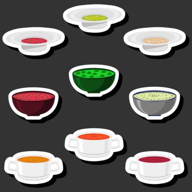 Tema üzerine resim. Büyük set. Çeşitli malzemelerden oluşan lezzetli, yenilebilir, et suyu ve sebze çorbaları.