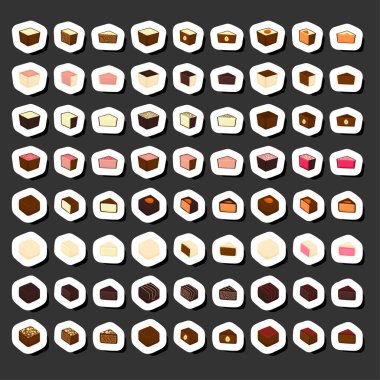 Tema üzerine illüstrasyon. Büyük sette çikolatalı şeker bonbonu, siyah çikolata kaplı şeker pudra cilası, çikolata şekeri farklı şekillerde, lezzetli bonbon şekerler.