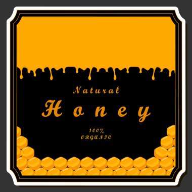 Şekerin bal peteğinde arıyla akışının etiketi üzerine bir illüstrasyon, bal peteğinden arıya, bal peteğinden büyük parlak etikete, bal peteğinden bal kovanına kadar yapışkan baldan oluşan etiketler.