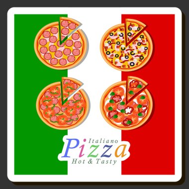 Tema üzerine resim: Pizzacıya büyük, sıcak, lezzetli pizza menüsü, çıtır hamur, kırmızı domates, Alman sosisi, şampiyon mantarları ve daha birçok malzemeden oluşan İtalyan pizzası.