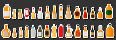 Büyük resim seti çeşitli cam şişeler sıvı sos habanero, habanero sosundan oluşan şişeler, başlıklar için boş etiketler, plastik mantarlı sos habanero şişeleri ile fast food