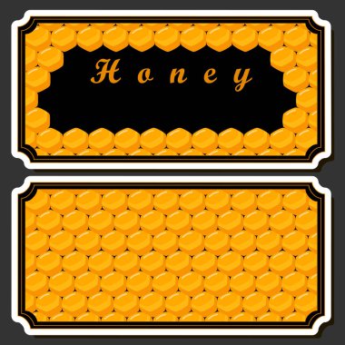 Şekerin bal peteğinde arıyla akışının etiketi üzerine bir illüstrasyon, bal peteğinden arıya, bal peteğinden büyük parlak etikete, bal peteğinden bal kovanına kadar yapışkan baldan oluşan etiketler.