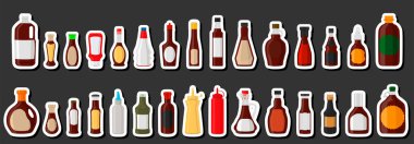 Büyük resim seti çeşitli cam şişeler sıvı sos teriyaki, teriyaki sosundan oluşan şişeler, başlıklar için boş etiketler, plastik mantarlı sos teriyaki şişeleri ve fast food