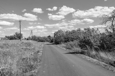 Renkli arka planda güzel boş asfalt yol, kırsal alandan geçen yeni boş asfalt yol, yeşillik kırsalında hız arabası için boş asfalt yol.