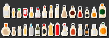 Tema üzerine çizimler, çeşitli cam şişeler, sıvı yoğurt şurubu, yoğurt şurubu içeren şişeler, başlıklar için boş etiketler, plastik tıpalı yoğurt şurubu ve fast food için