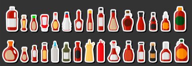 Büyük resim seti çeşitli cam şişeler sıvı sos habanero, habanero sosundan oluşan şişeler, başlıklar için boş etiketler, plastik mantarlı sos habanero şişeleri ile fast food