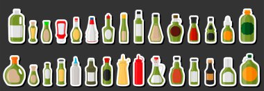 Tema üzerine illüstrasyon büyük cam şişeler sıvı sos pesto, pesto sosundan oluşan şişeler, başlıklar için boş etiketler, plastik mantarlı sos pesto ile fast food