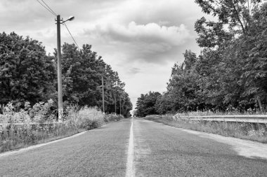 Renkli arka planda güzel boş asfalt yol, kırsal alandan geçen yeni boş asfalt yol, yeşillik kırsalında hız arabası için boş asfalt yol.