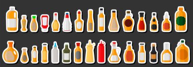 Tema üzerine illüstrasyon büyük cam şişeler sıvı elma sirkesi, elma sirkesinden oluşan şişeler, başlıklar için boş etiketler, plastik tıpa ile dolu şişelerde sirke ve yemek