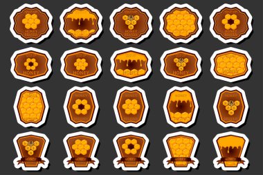 Şekerin bal peteğinde arıyla akışının etiketi üzerine bir illüstrasyon, bal peteğinden arıya, bal peteğinden büyük parlak etikete, bal peteğinden bal kovanına kadar yapışkan baldan oluşan etiketler.