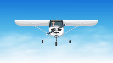 Bulutların üzerinde hızla uçan özel bir uçağın ön görüntüsü.