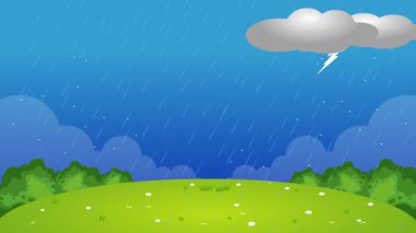 Şiddetli yağmurun animasyonu ve beraberinde yıldırım çarpması