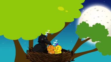 İki kuş ve bir karga bir yuvada huzur içinde uyuyor.