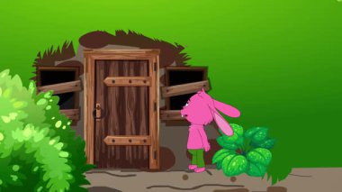 Evinin yakınında yorgun bir tavşanın 2D animasyonu.