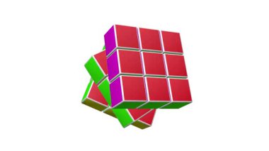 Dönen bir küpün 3 boyutlu animasyonu. Beyaz ekran ile dönen bir Rubik küpünün 2B animasyonu.