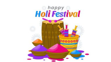Mutlu Holi 'ler. Renkler festivali. Holi kutlamalarının hareketli grafik animasyonu.