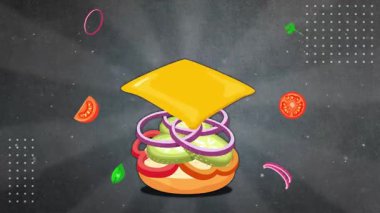 Bir hamburgerin elementlerinin 2D animasyonu ekranda birer birer geliyor..
