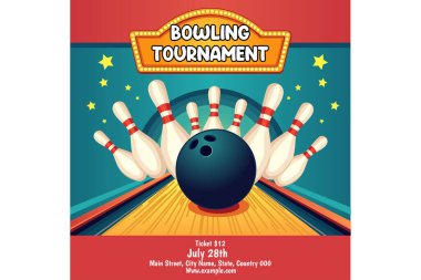 Bowling turnuvası illüstrasyon afiş şablonu tasarımı