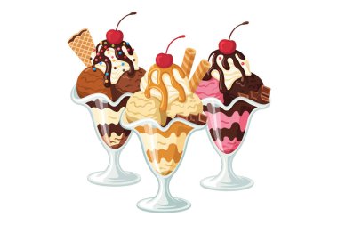 Dondurma Sundaes Çeşitli Türlerinin Vektör illüstrasyonu