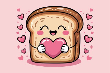 Sevimli kawaii tostu dilimi pembe bir kalbe sarılıyor.