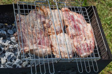 Dışarıda canlı bir barbekü düzeninde kömür üzerinde cızırdayıp ızgara yaparken etin tadını çıkarıyorlar.