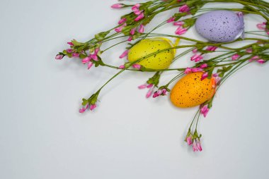 Sembolik tatil unsurlarının yer aldığı Paskalya temalı bir şenlik imajı. Mevsimsel selamlama, dekorasyon ve yaratıcı projeler için ideal..