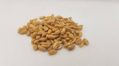 Beyaz zemin üzerinde buğday tanelerinin yakın plan çekimi