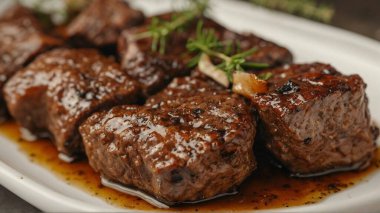 Gurme haşlanmış sığır eti madalyonları: Zengin Biberiye Sosu Tabağı
