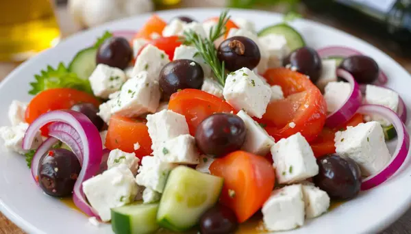 Beyaz peynirli ve zeytinli Yunan salatası