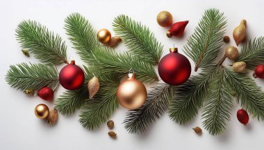 Altın toplar, köknar kozalakları ve dallarla Noel ağacı süslemesi.